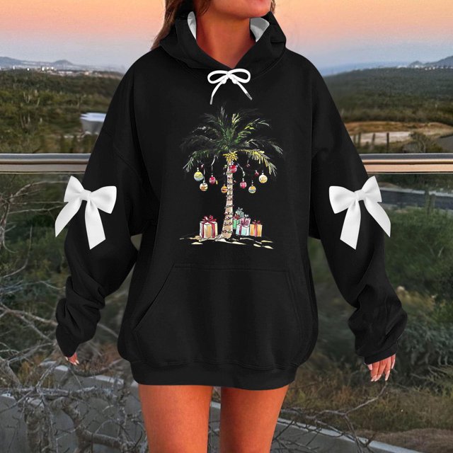 HongQid Women's Hoodies Oversized Long Sleeve Hooded Sweatshirts Christmas Graphic Drop Shoulder Bow Trim Print Pullover Tops