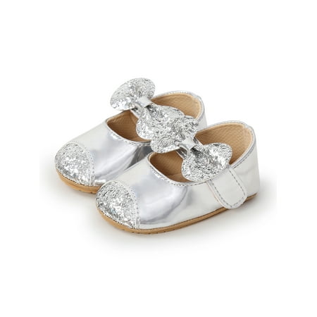 

Lacyhop Newborn Princess Shoes Bow Sandals Glitter Dress Sandal Casual Lightweight Loafers Comfortable Rubber Soft Sole First Walking Shoe Silver 5C