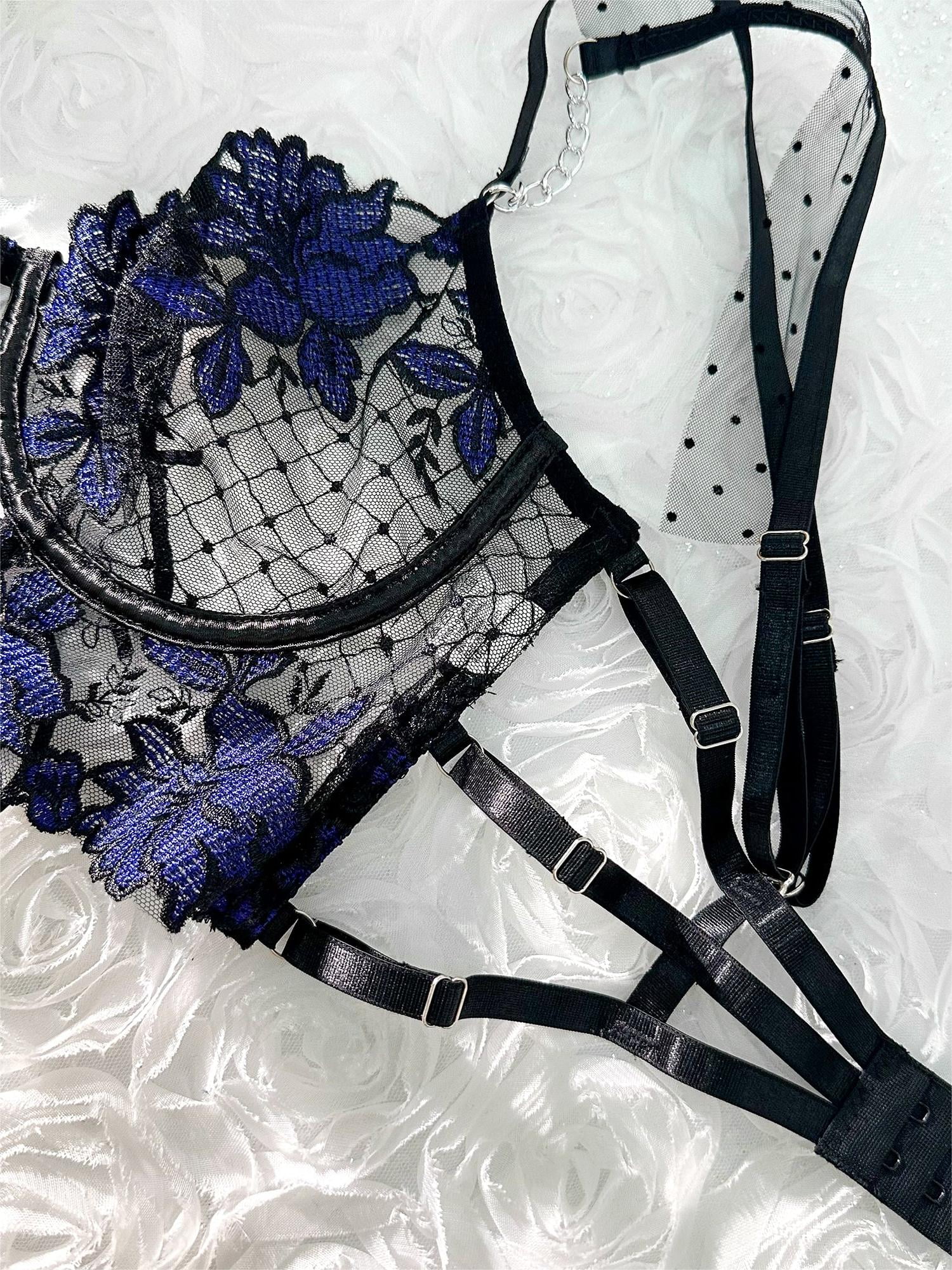 Black&Blue Lace Tie Adjustable Sculpting Body Lingerie Set (BLACK, S)