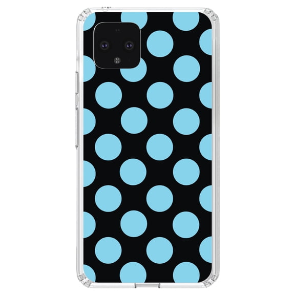 DistinctInk Clear Shockproof Hybrid Case for Google Pixel 4 (5.7" Screen) - TPU Bumper, Acrylic Back, Tempered Glass Screen Protector - Black Blue Polka Dots