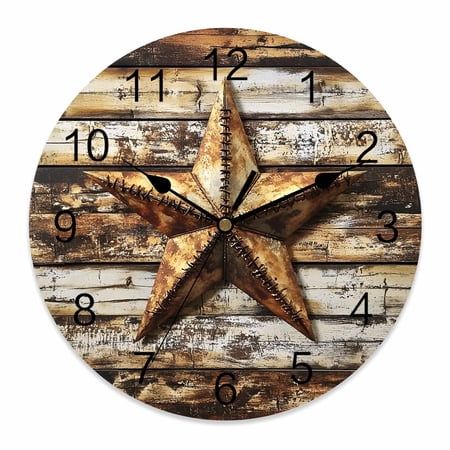 12 Inch Retro Star Wall Clock, Country Texas Stars Worn-out Weathered Wood Battery Operated Silent Non Ticking Clocks, Easy to Read Round Wall Clock for Kitchen/Living Room/Bedroom/Bathroom