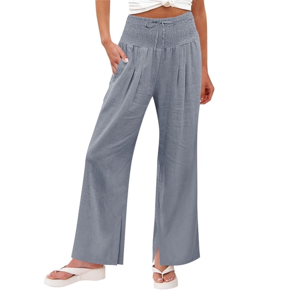 hoksml Women's Cotton Linen Blend High Waist Smocked Wide Leg Pants Casual Flowy Trousers with Split Hem and Pockets