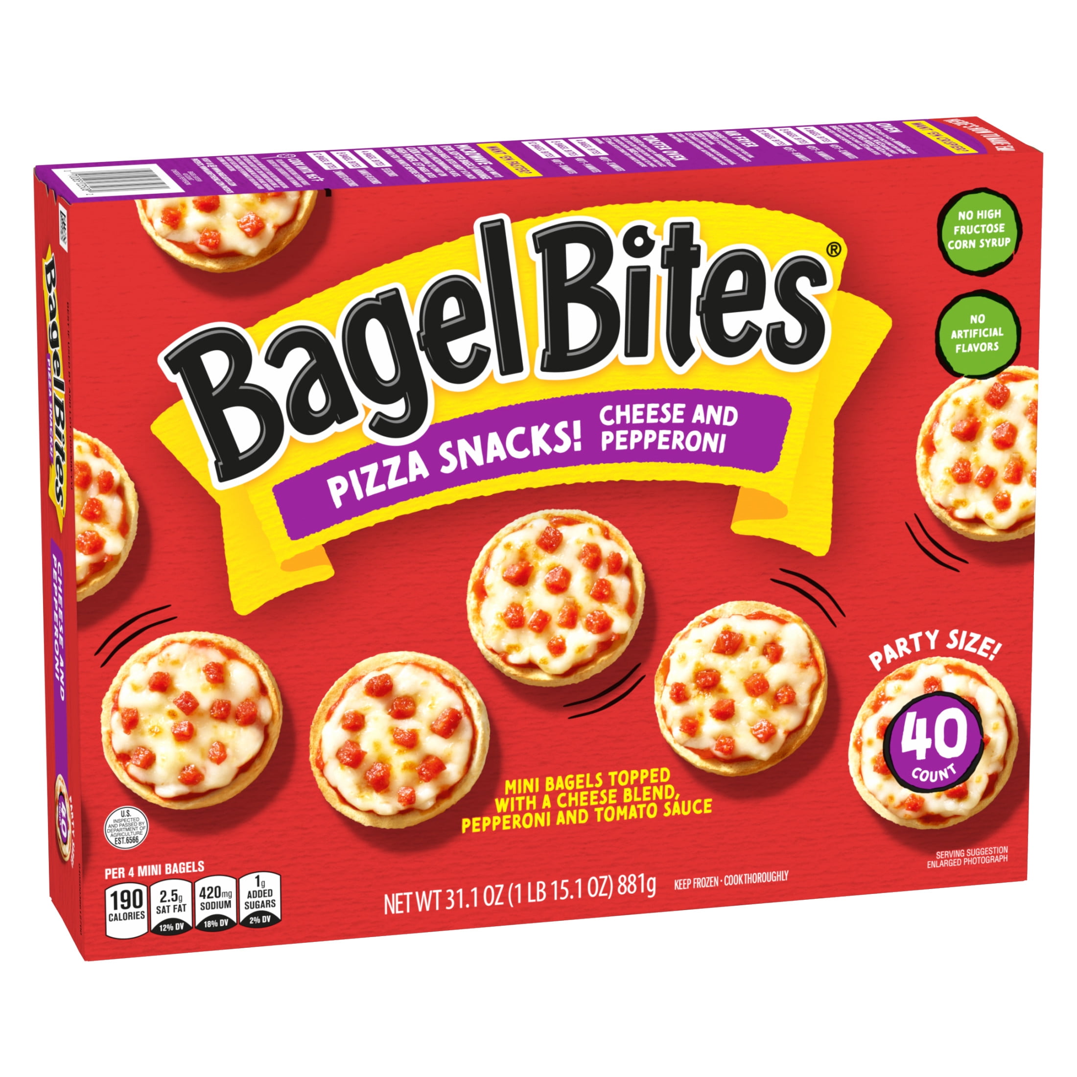 Bagel Bites Mini Pizza Bagel Frozen Snacks, 1 Box, for After-School and Late Night Snacking, Cheese and Pepperoni, No High-Fructose Corn Syrup and No Artificial Flavors, 40 Count