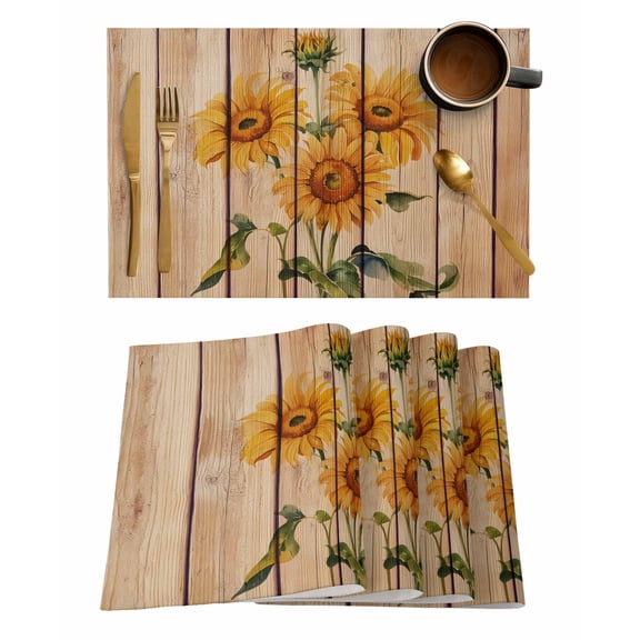 Country Sunflowers Placemats Set of 1 Vintage Wood Grain Texture Farmhouse Heat Insulation Washable Place Mats, Rustic Non-Slip Table Mats for Dining Table Party Kitchen Decor,13x19 Inch