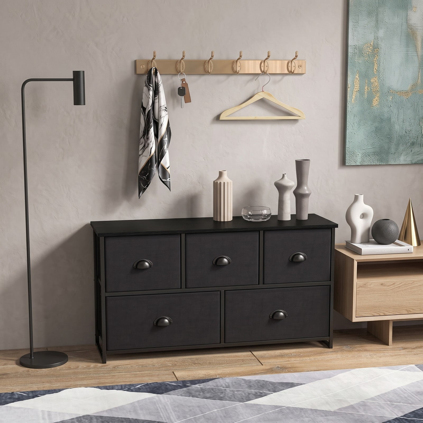 Furnibear 5-Drawer Fabric Storage Tower Dresser with Steel Frame and Foldable Cloth Bins for Bedroom Closet and Nursery, Black