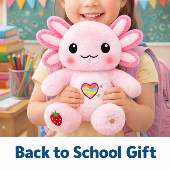 13 Inch Axolotl Plush Toy, Cute Soft Stuffed Animal with Embroidered Details, Back to School Birthday Gift for Kids, Pink/Blue