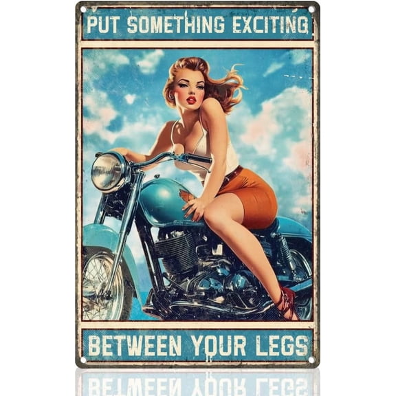 Motorcycle Pinup Lady Retro Wall Decor Metal Tin Sign 8" x 12" Vintage Put Something Exciting Wall Art Poster for Home Garage Coffee Room Decor Motorbike Lover Gifts