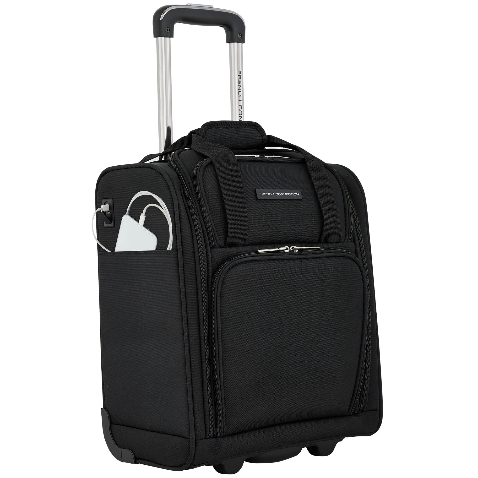 French Connection 16-Inch Rolling Under Seater Luggage with USB Port  Black