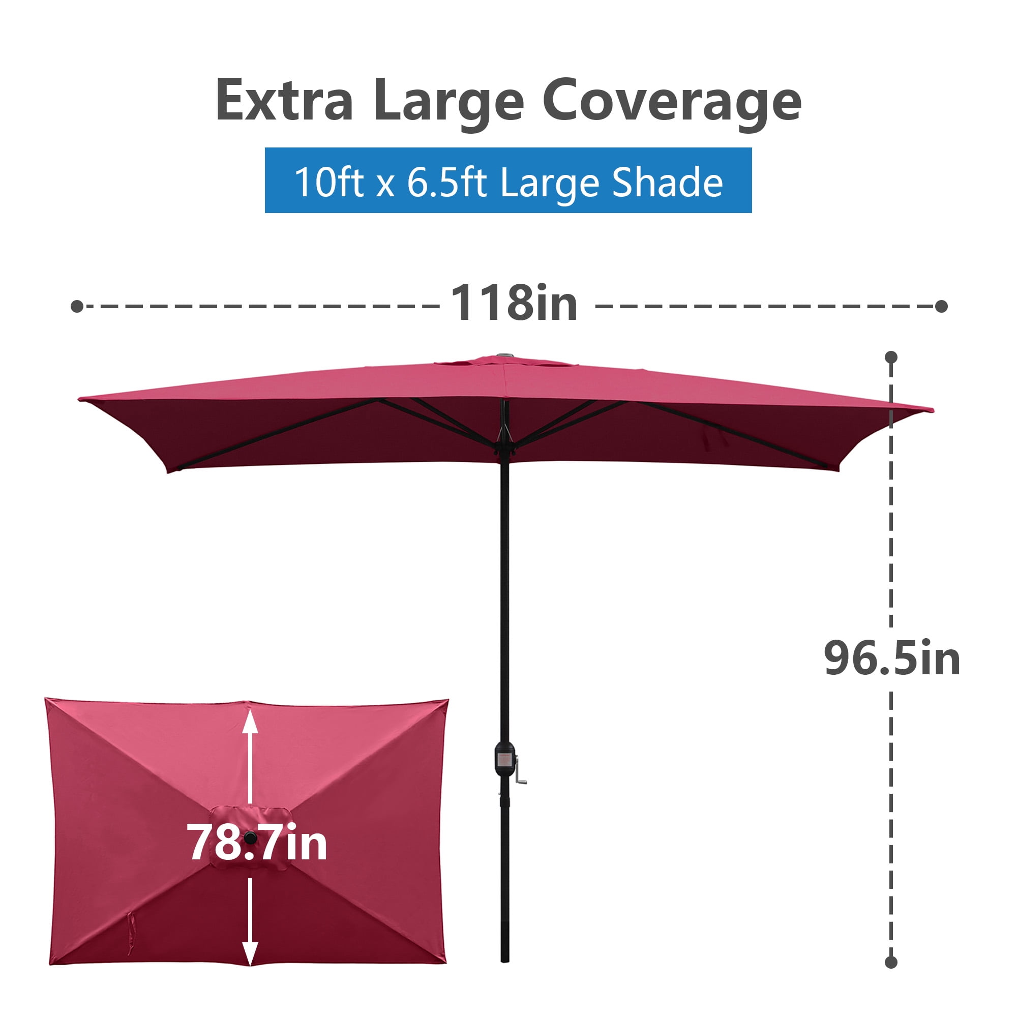 Abble 10x6.5ft Rectangular Patio Umbrella with Crank Handle, Outdoor Market Umbrella with 6 Sturdy Umbrella Ribs, Waterproof, Burgundy