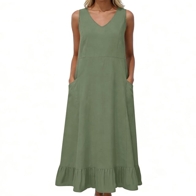 TaTaai Women's V-Neck Maxi Dress Sleeveless Linen Feel Solid Color Casual Pocket Detail Slip Dress Loose Fit Summer Dress Gift
