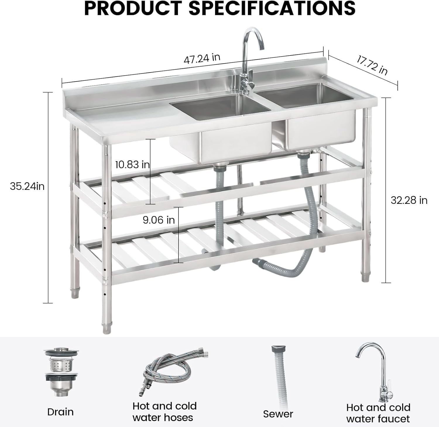 Stainless Steel Utility Sink, with Faucet, Legs, Cold and Hot Water Pipe, Heavy-Duty, Easy to Clean, for Laundry, Kitchen, Garage, Outdoor, Garden