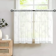 Curtainking Kitchen Curtains 26x 45 inch Leaf Embroidered Sheer Curtains Farmhouse Small Cafe Curtains Rod Pocket 2 Panels White