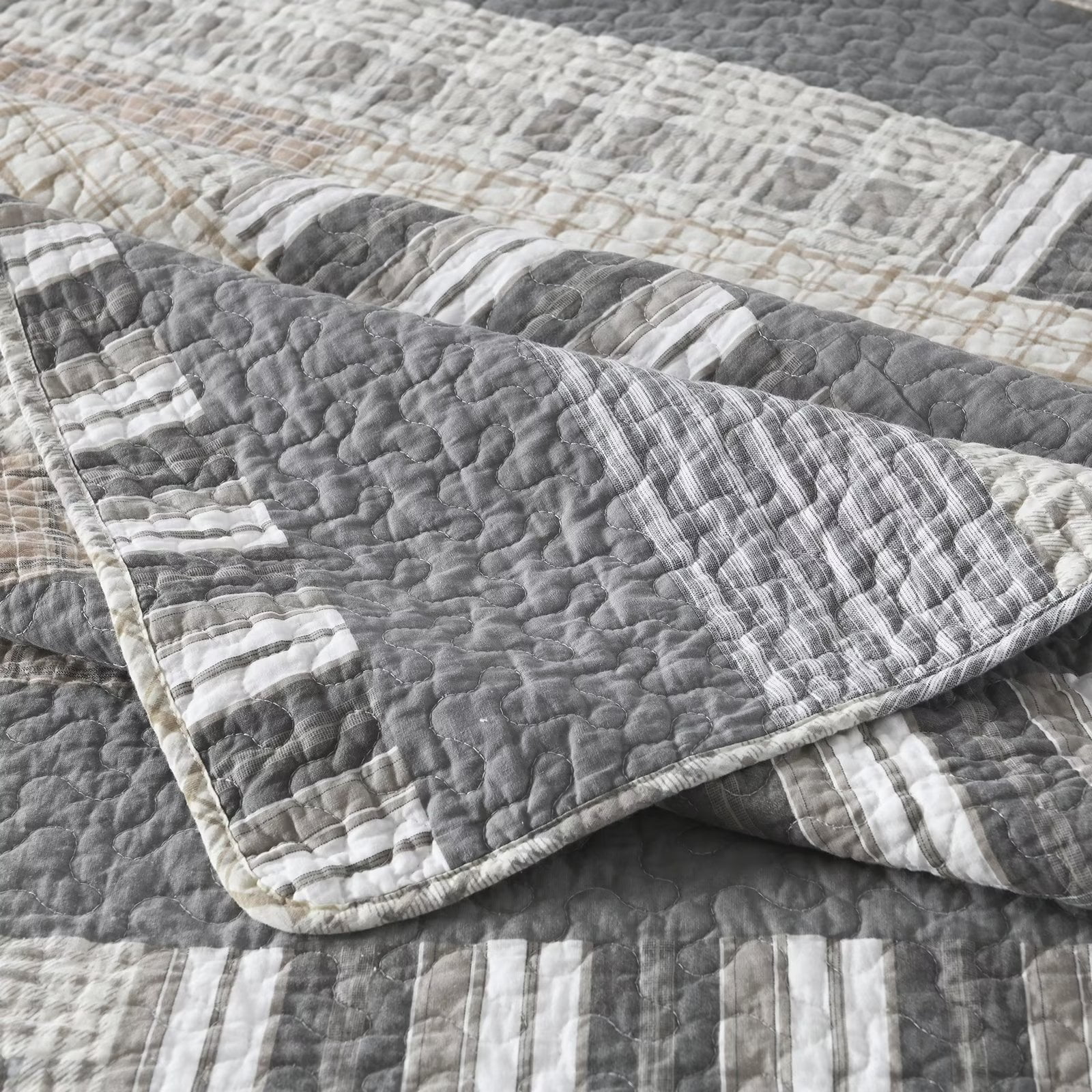 Bedduvit 100% Cotton King Size Quilt Set - Farmhouse Grey Brown Beige Quilt King Size Bedspread, Patchwork Striped Plaid Soft Lightweight Reversible Coverlet Bedding Set with 2 Shams for All Season