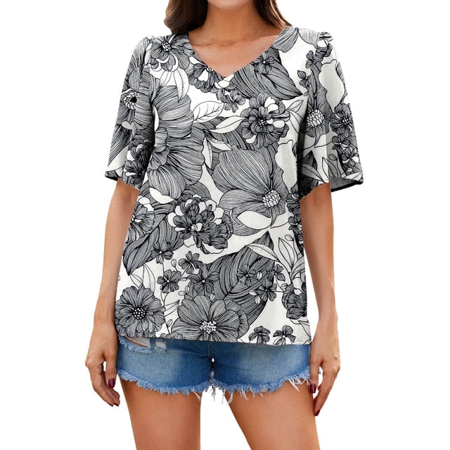 Camisetas de gasa con estampado floral para mujer Blusas Camiseta de manga corta casual Camiseta de verano con cuello en V Tops tipo túnica Pompotops hkajfhjk468438
