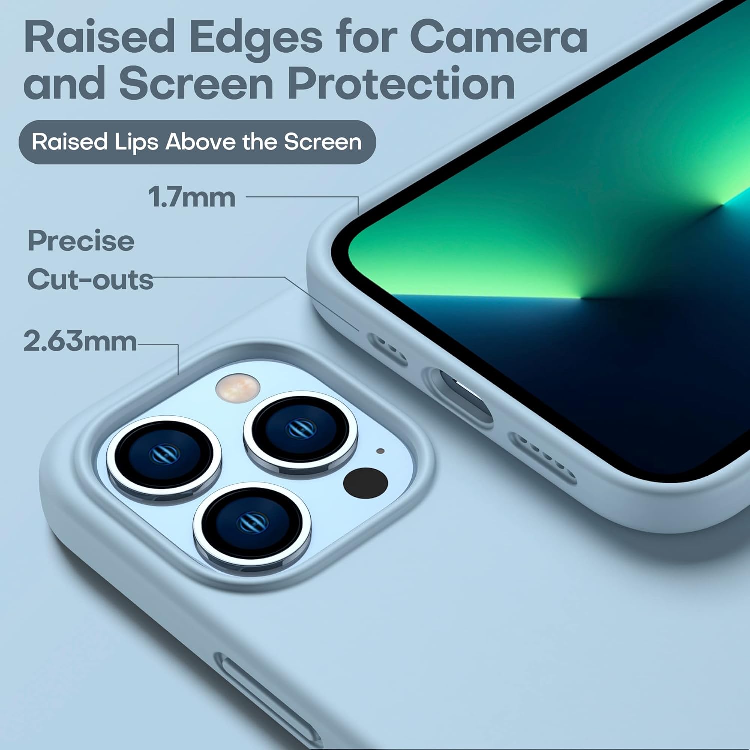 CellEver Heavy-Duty Silicone Case for iPhone 13 Pro - Two Shatterproof Glass Screen Protectors, Military Drop Protection, Scratch-Free Interior, Light Blue