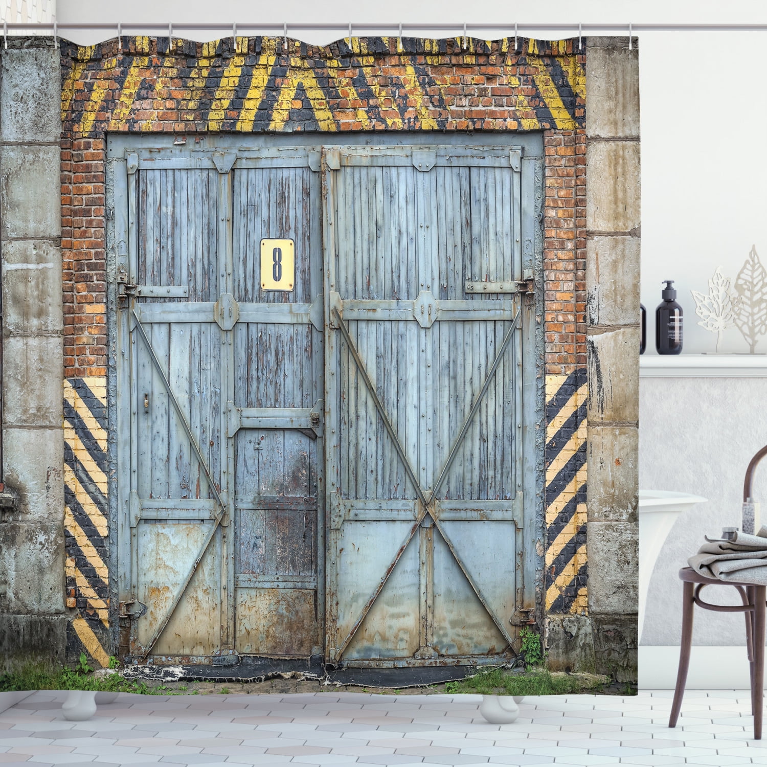 Industrial Shower Curtain, Old Wooden Factory Gate with Warning Signs