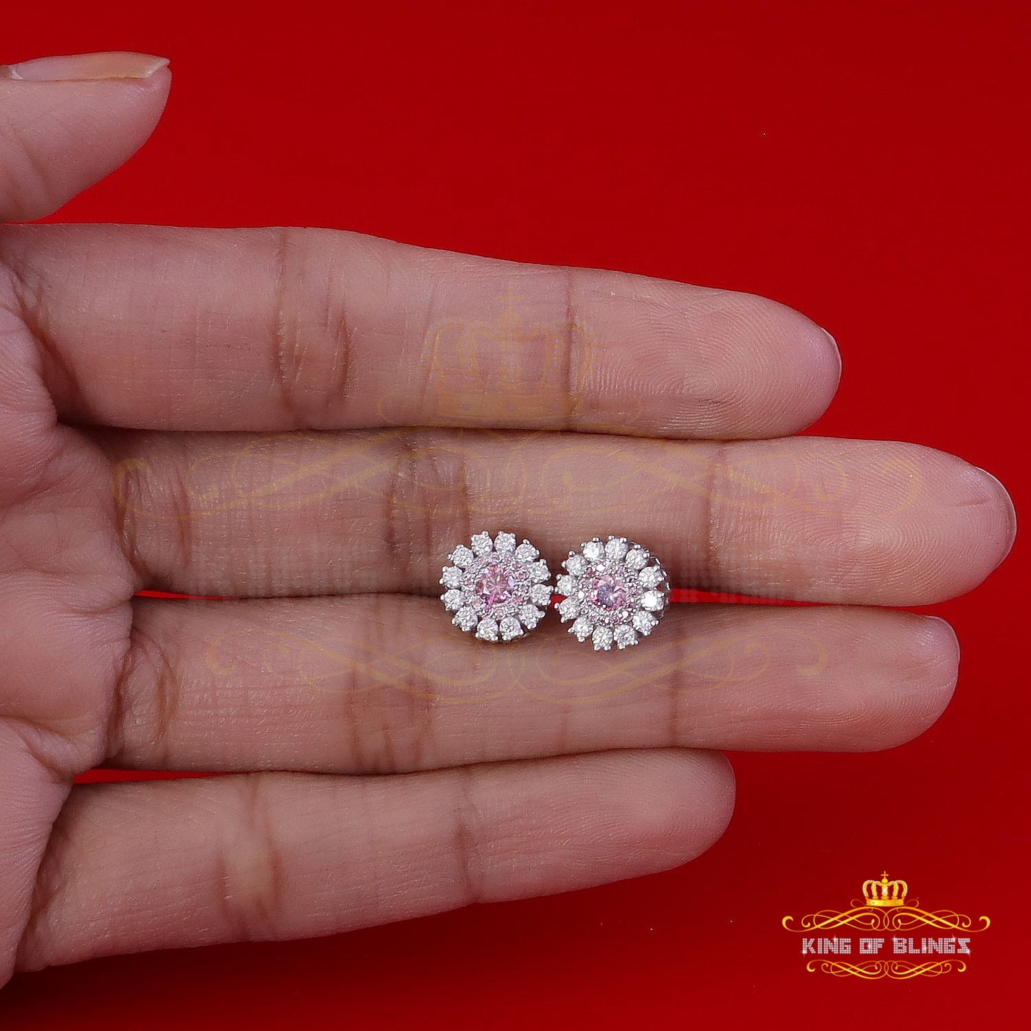 King of Bling's Men's/Women's 925 Silver White 1.00ct VVS D Pink Moissanite Round Stud Earrings