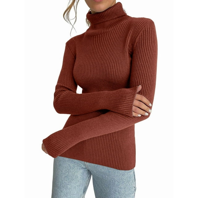 Suéteres Acanalados para Mujer, Lindos Suéteres de Punto de Cuello Alto, Ajustados y Cálidos Color Caramelo un Tamaño