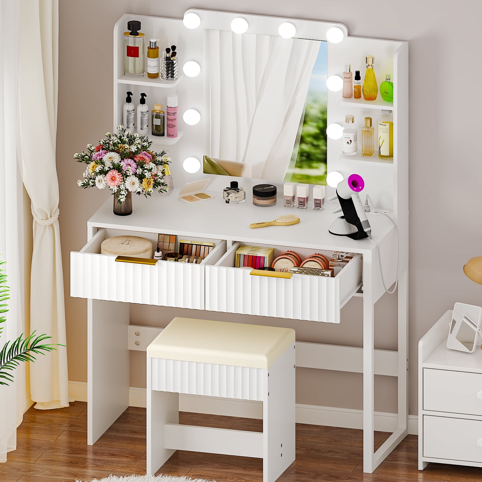 Ktaxon Lighted Makeup Vanity and Stool, White Vanity Table Set with 2 Drawer and Charging Station, Femal Gift