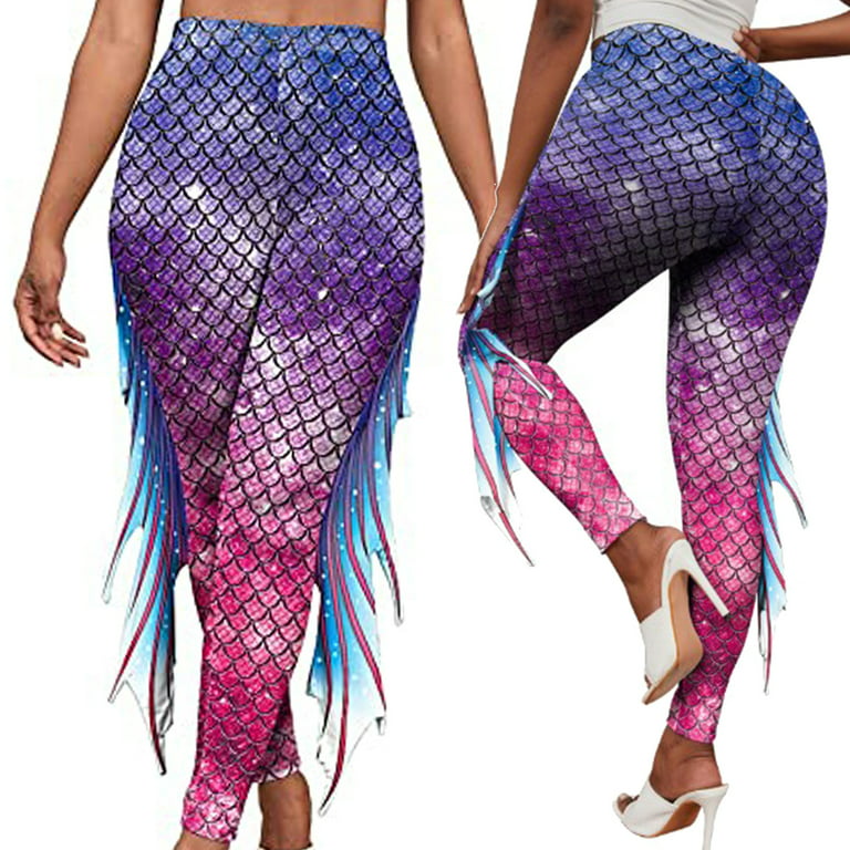 iiniim omen's Galaxy Mermaid Leggings Fish Scale Fins Yoga Gym Tight Pants  Skinny Long Trousers Costume