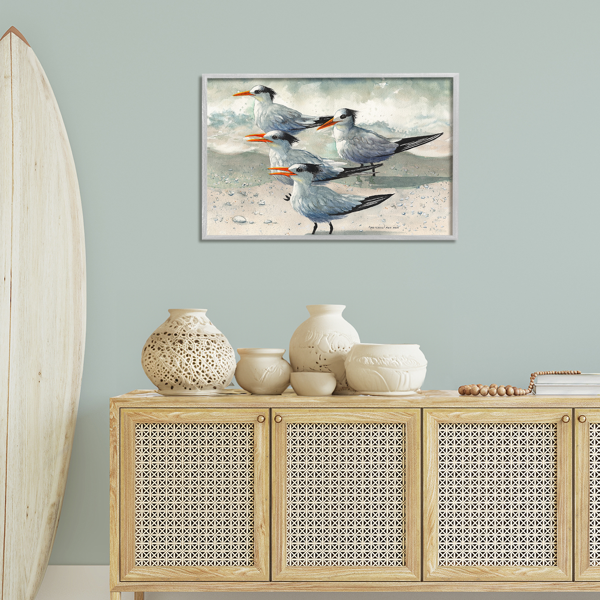 Stupell Industries Birds on Sandy Beach Animals & Insects Painting Gray Framed Art Print Wall Art, 30 x 20