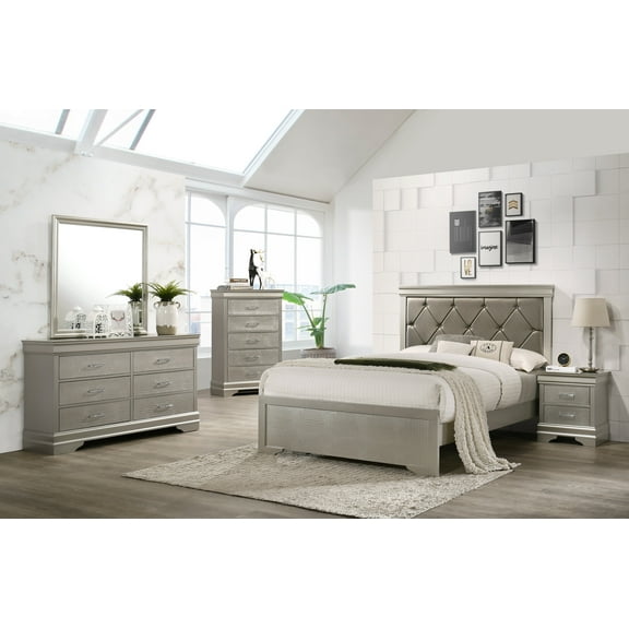 5pc Silver Finish Panel Bedroom Set Upholstered Button Tufted Headboard King Bed Dresser Mirror Nightstand