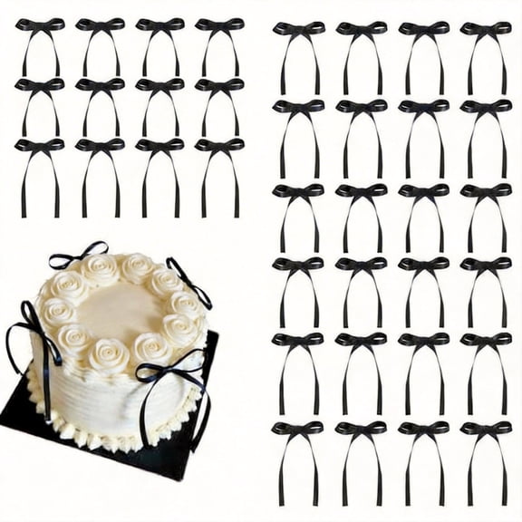 50 Pack Black Ribbon Bow Cake Toppers, Coquette Style Cupcake Picks for Birthdays, Weddings, and Baby Showers, Elegant Party Decorations