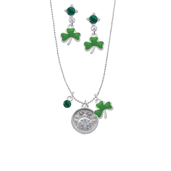 Delight Jewelry Silvertone Ladybug - Round Seal Green Shamrock Necklace and Clover Earrings Jewelry Set