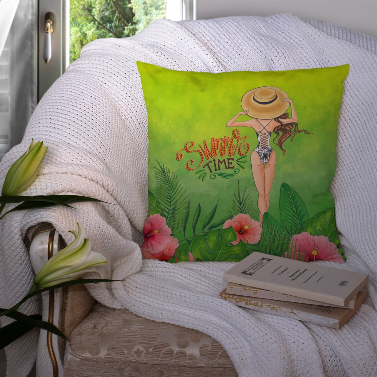 Carolines Treasures BB7455PW1414 Summer Time Lady in Swimsuit Fabric Decorative Pillow