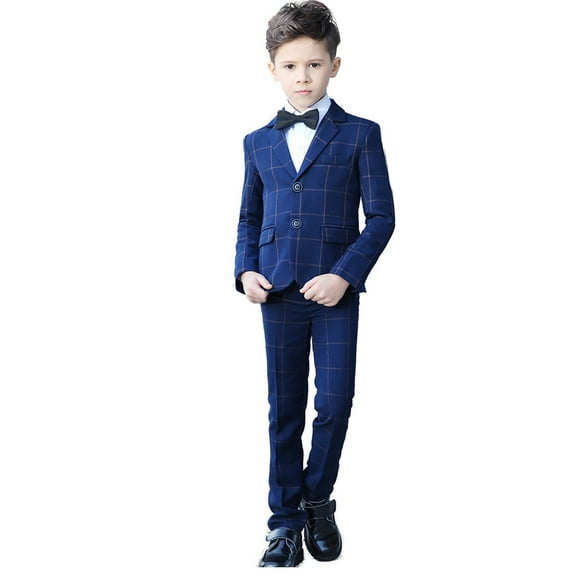 YuanLu 5 Piece Boys Formal Suits Set Plaid Toddler Tuxedo Suit for Weddings Size 14 Blue