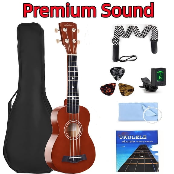 21" Acoustic Basswood Ukulele Starter Kit w/ Carring Bag, Strap, Picks, Clip-On Tuner, Extra String - All-Inclusive Set