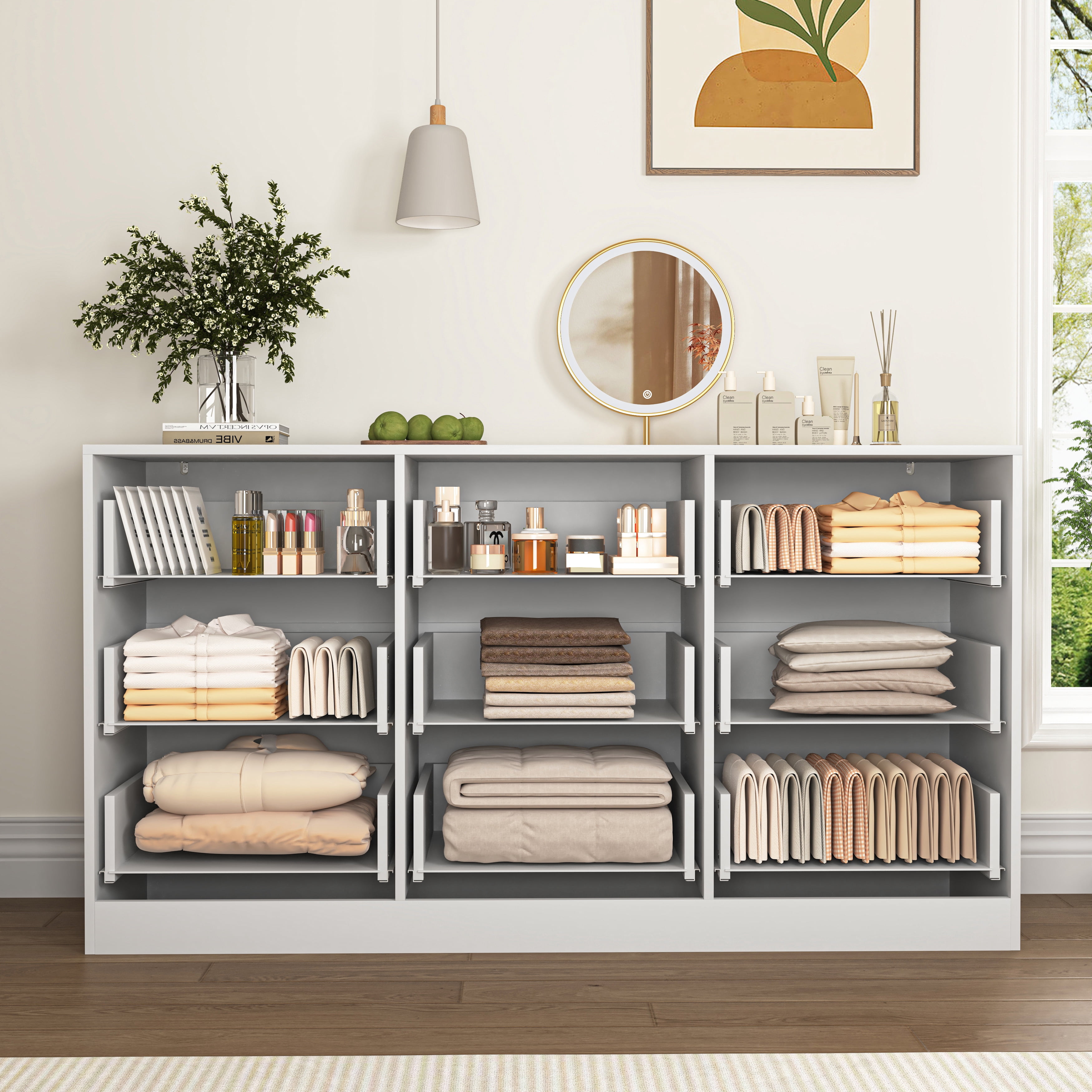 Mintazer 63" Wide Dresser with 9 Drawer, Modern Chest Cabinet with Wavy Fluted Panel & Gold Metal Handles for Bedroom Entryway, White
