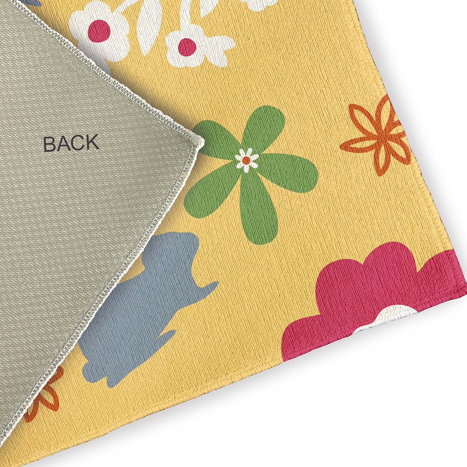 3' x 5' Simply Daisy Flowery Love with Bunnies Traditional Chenille Area Rug, Daffodil Yellow-Blue