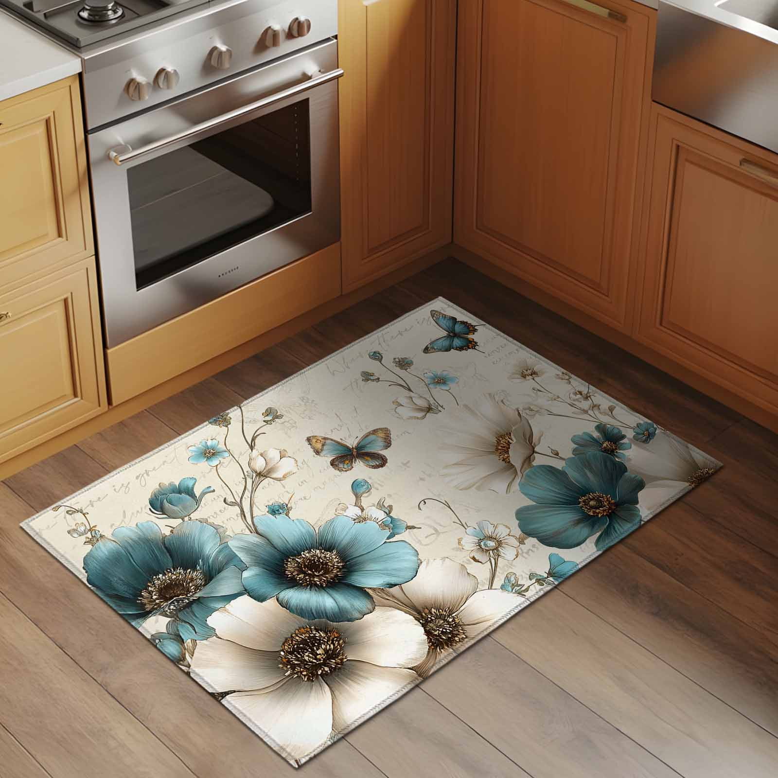 Teal Tulip Butterfly Entryway Rug 2'x3'&nbsp; Non Slip Front Door Mats, Turquoise Floral Farmhouse Beige Entrance Rugs Indoor Outdoor Carpet, Washable Floor Mats Small Area Rug for Bedroom Kitchen