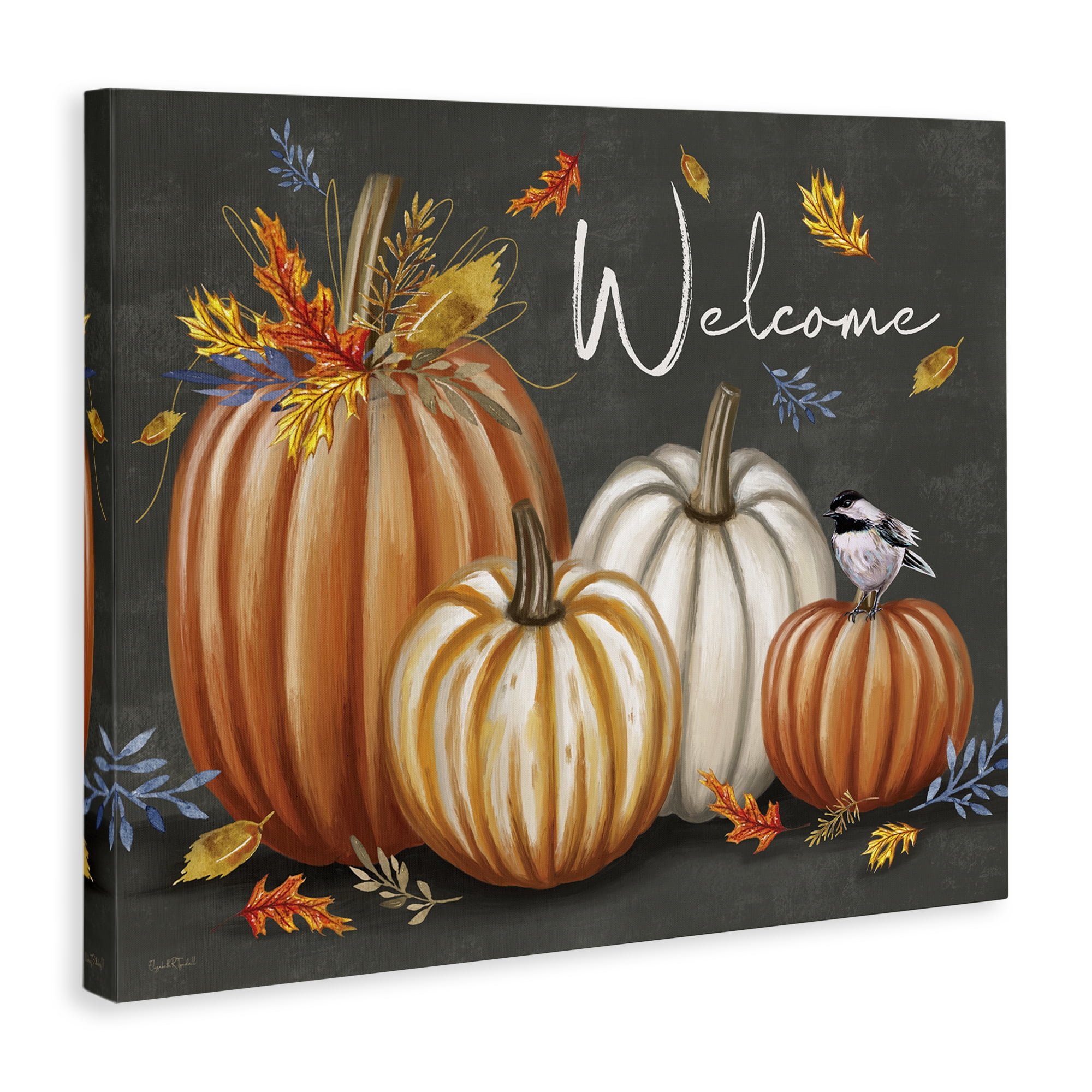 Stupell Industries Welcome with Autumnal Pumpkins Holiday Painting Wrapped Canvas Art Print Wall Art, 20 x 16
