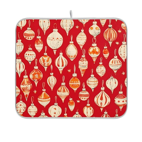Yayeee Dish Drying Mat for Kitchen Counter 16"x18" Microfiber Absorbent Pad, Orange Christmas Ornaments Pattern