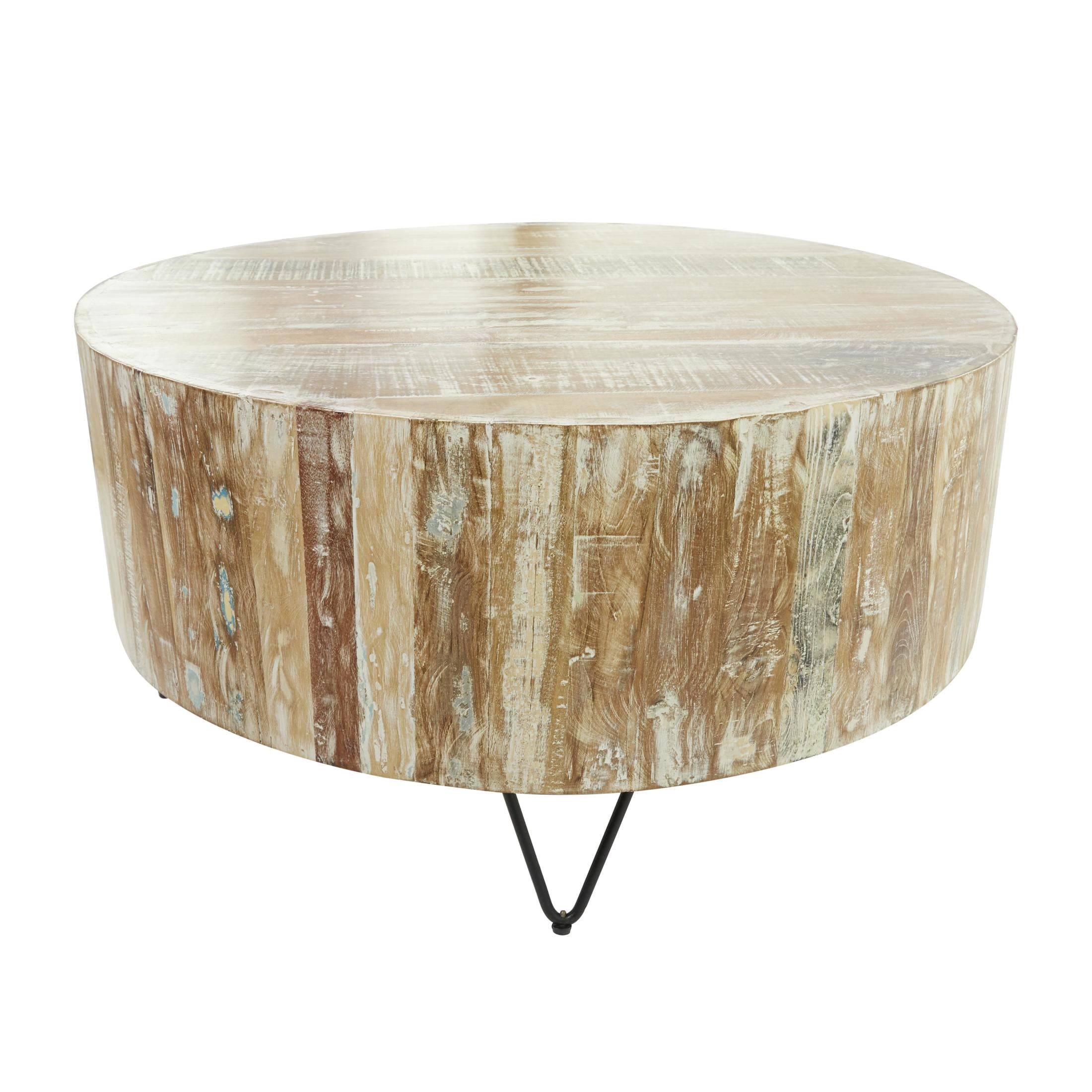 DecMode Rustic Wood Round Coffee Table with V Shaped Legs and Organic Brown/White Washed Finish , 37"W x 18"H