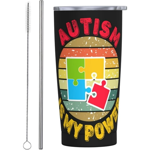 Funny Tumblers Autism Is My Power Autism Awareness Stainless Steel Mug 304 Stainless Steel Car Water Cup With Straw 20 Oz 600ml Adult Youth Man Woman Drinking Glass