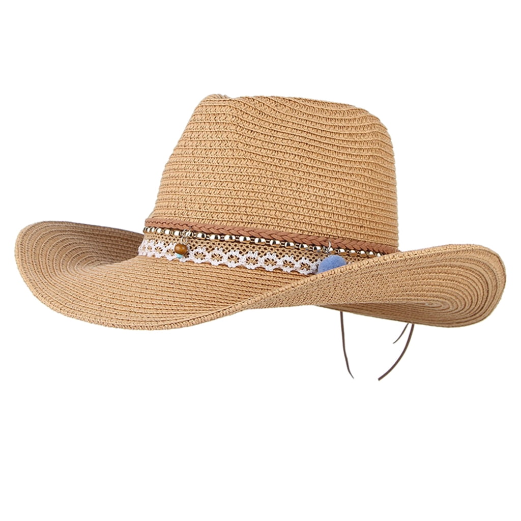 GEMVIE Summer Cowboy Cowgirl Hat Unisex Roll up Brim Fedora Straw Sun Hat Western Cowboy Hat Straw Beach Cap 