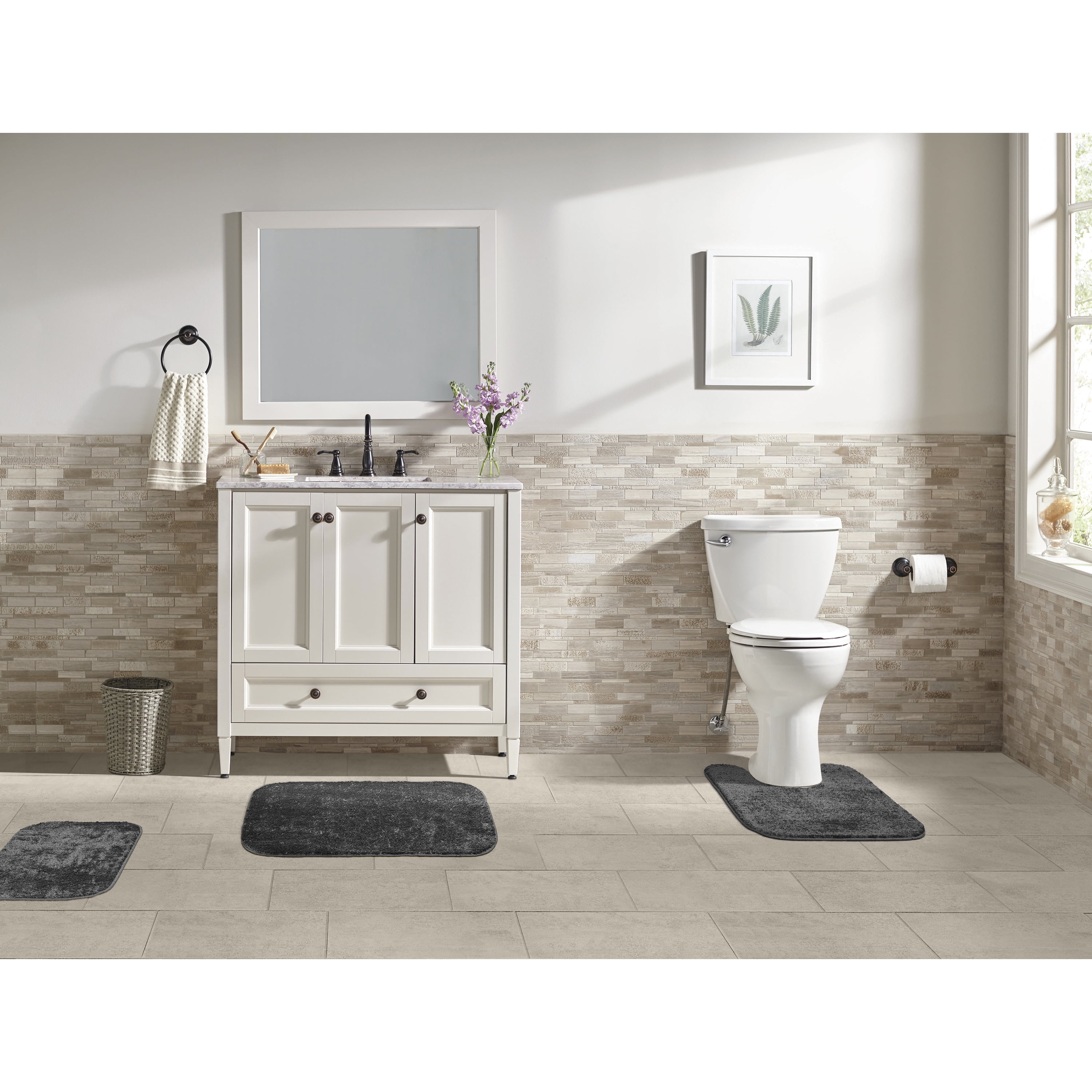 Garland Rug Gramercy Washable Bath Rug Set, 3-Piece (2 Bath Rugs, & Contour Rug) Cinder Gray
