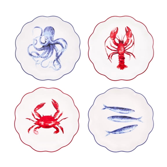 Bico Ocean Wonders Scalloped Salad Plates Set of 4, 8.7 Inch Ceramic Dessert Plates for Salad, Appetizer, Side Dishes, Microwave and Dishwasher Safe, Gift for Housewarming and Christmas