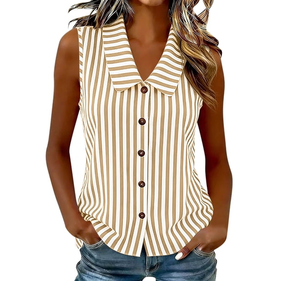 BUIGTTKLOP Women's Sleeveless Button down Shirts Blouses Striped Casual Basic V Neck Tank Tops for Work