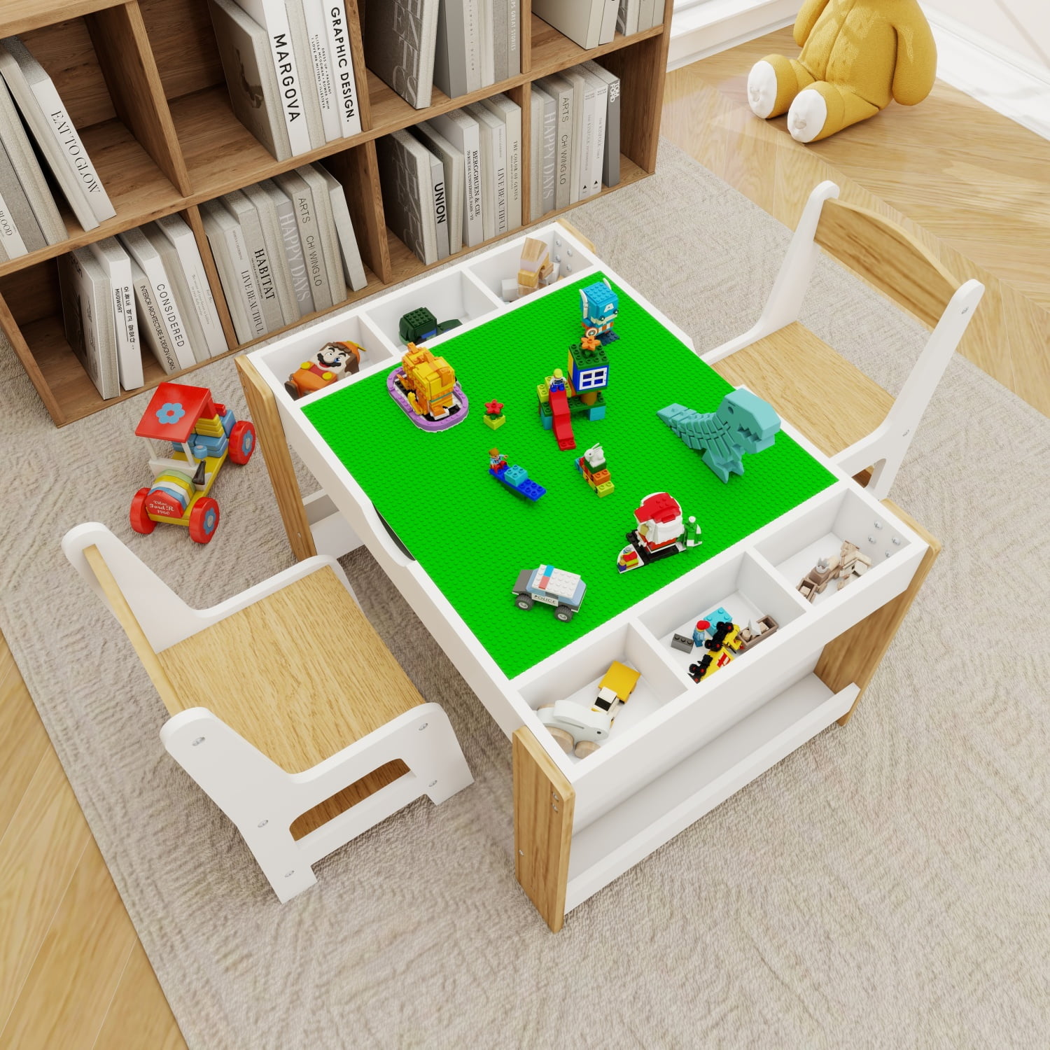 Kids 2 in 1 Play Table & 2 Chairs Set, with 7 Storage Compartments, Compatible with LEGO Building Block, Modern Activity Learning Table Game Furniture White