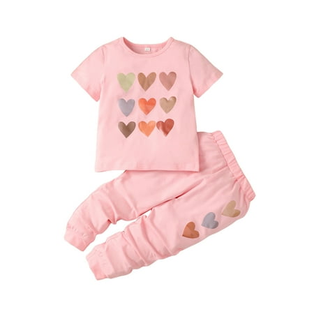 

Toddler Kid Summer Outfit Heart Print Short Sleeve Crew Neck T-Shirt Elastic Waist Long Pants Set