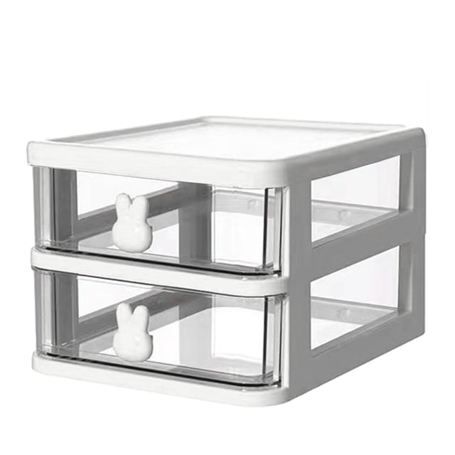Caja de almacenamiento de plástico con cajón, organizador de escritorio, transparente, multicapa, con asas de conejo, suministros de oficina