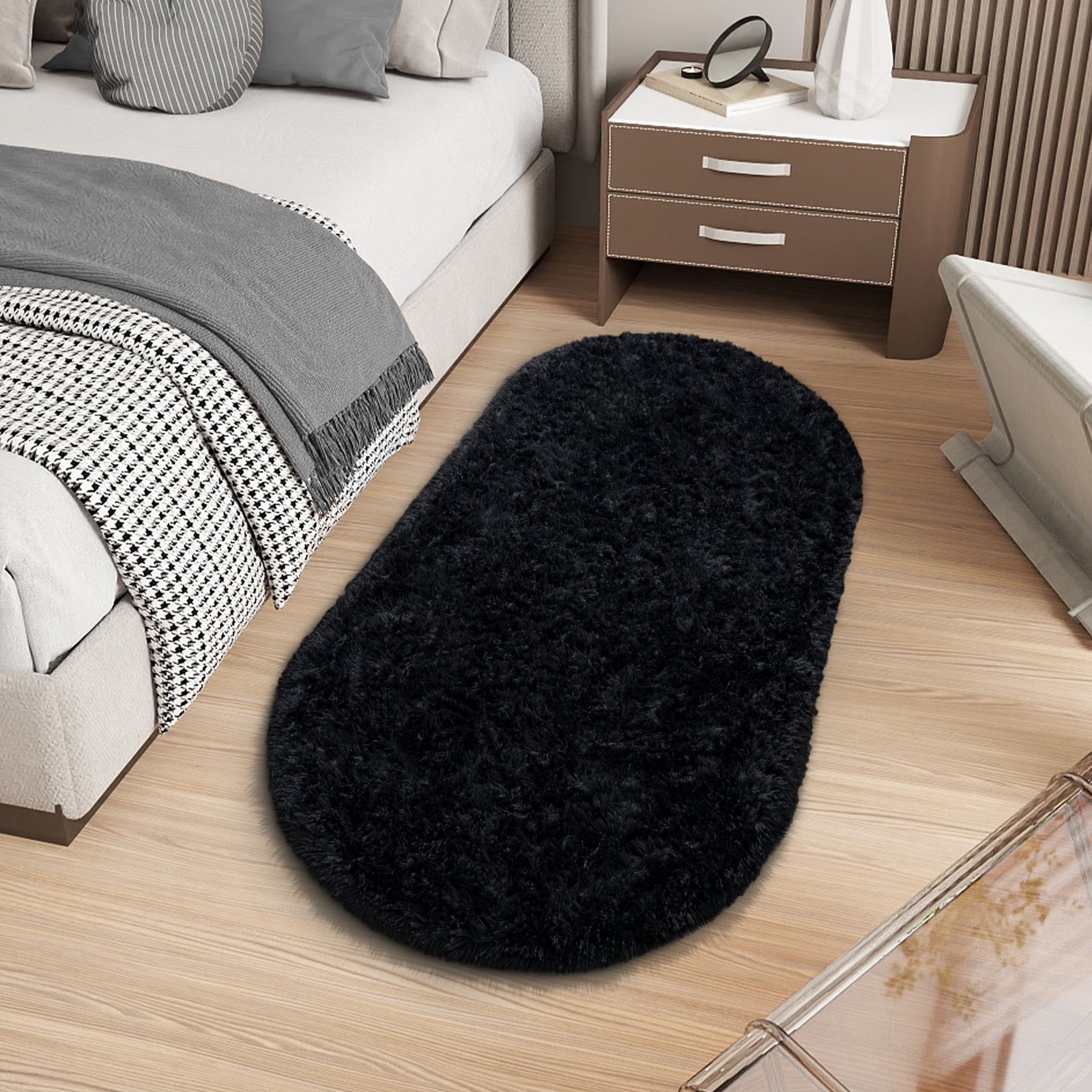 ZENELESS Oval Plush Fluffy Carpets for Living Room, Anti-Skid Fuzzy Comfy Rug for Bedroom, 2.6 x 5.3ft Black