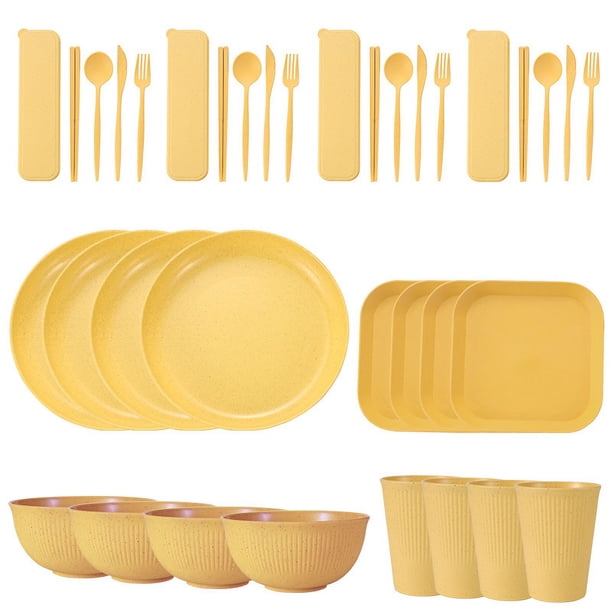 Nvzi Wheat Straw Dinnerware Sets, 36-Piece Plates and Bowls Sets, Cutlery, Microwave Safe Unbreakable Dinnerware for Parties, Picnic, College Dorm, Camping Yellow