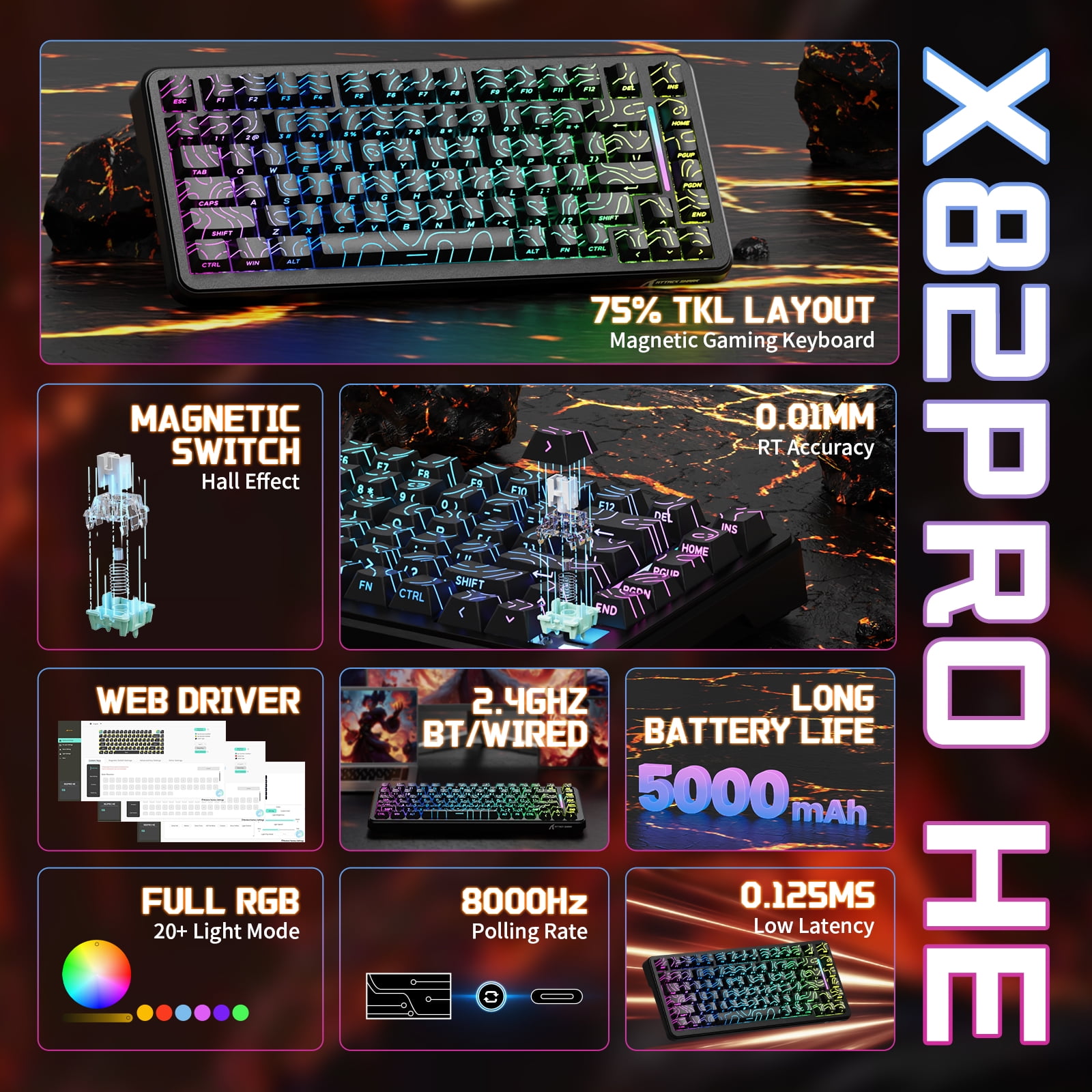 ATTACK SHARK X82PRO HE 75% Wireless Rapid Trigger Magnetic Keyboard, 8K Wired Gaming Keyboard, Hall Effect Switches Adjustable Actuation, QWERTY, RGB Backlit, C01 RGB Coiled Cable -Black