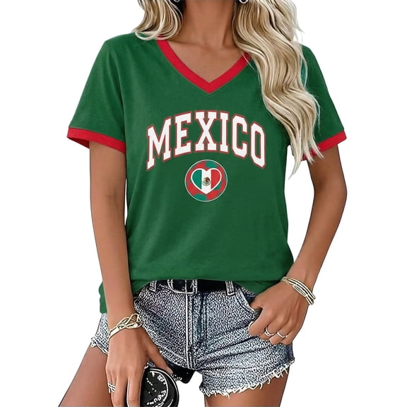Women Soccer T-Shirt Jersey Tops Mexico Cropped Crewneck Short Sleeve Graphic Football Tee Funny Day T Shirt Casual Top Fans Players Dressy Blouses L