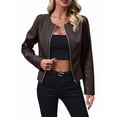 thumbnail image 3 of Women'S Plus Size PU Leather Jacket Zip Up Crew Neck Long Sleeve Jacket Outerwear Brown L, 3 of 9